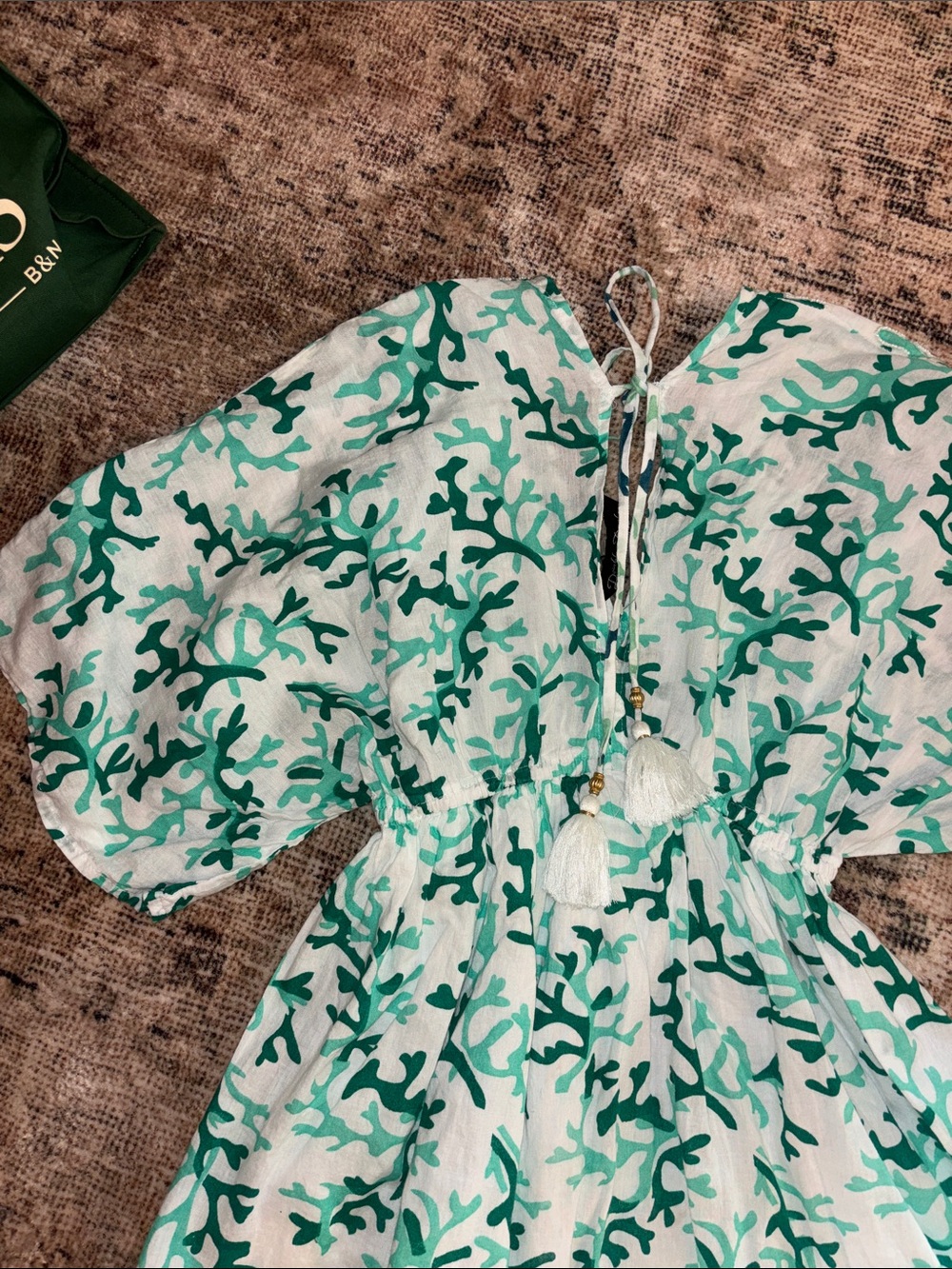 Green Coral Print Womens Dress with Tassel Tie - Picture 9 of 10